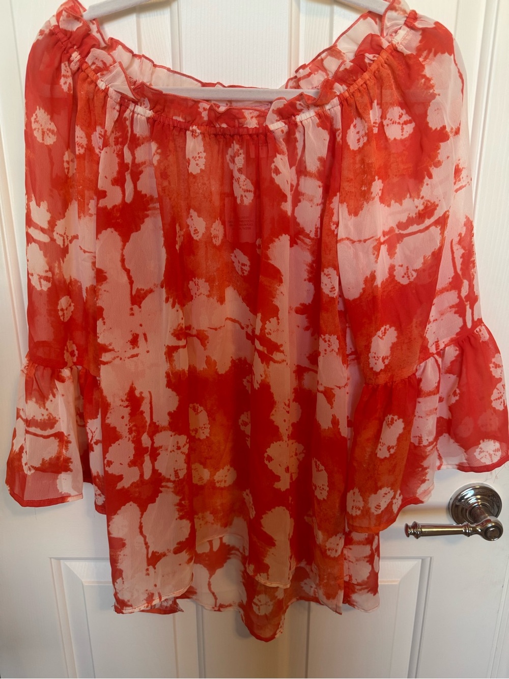 Forgotten Grace Women's Off-Shoulder Sheer Blouse Coral Red Small - Picture 3 of 6